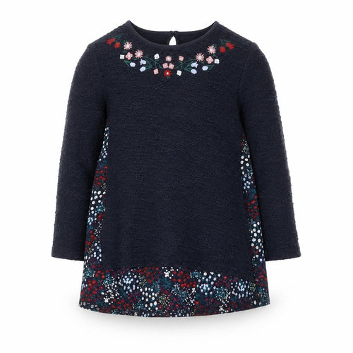 F&F Girls Blue Floral Embroidered Long Sleeve Cotton Shift Dress 5-6 Years