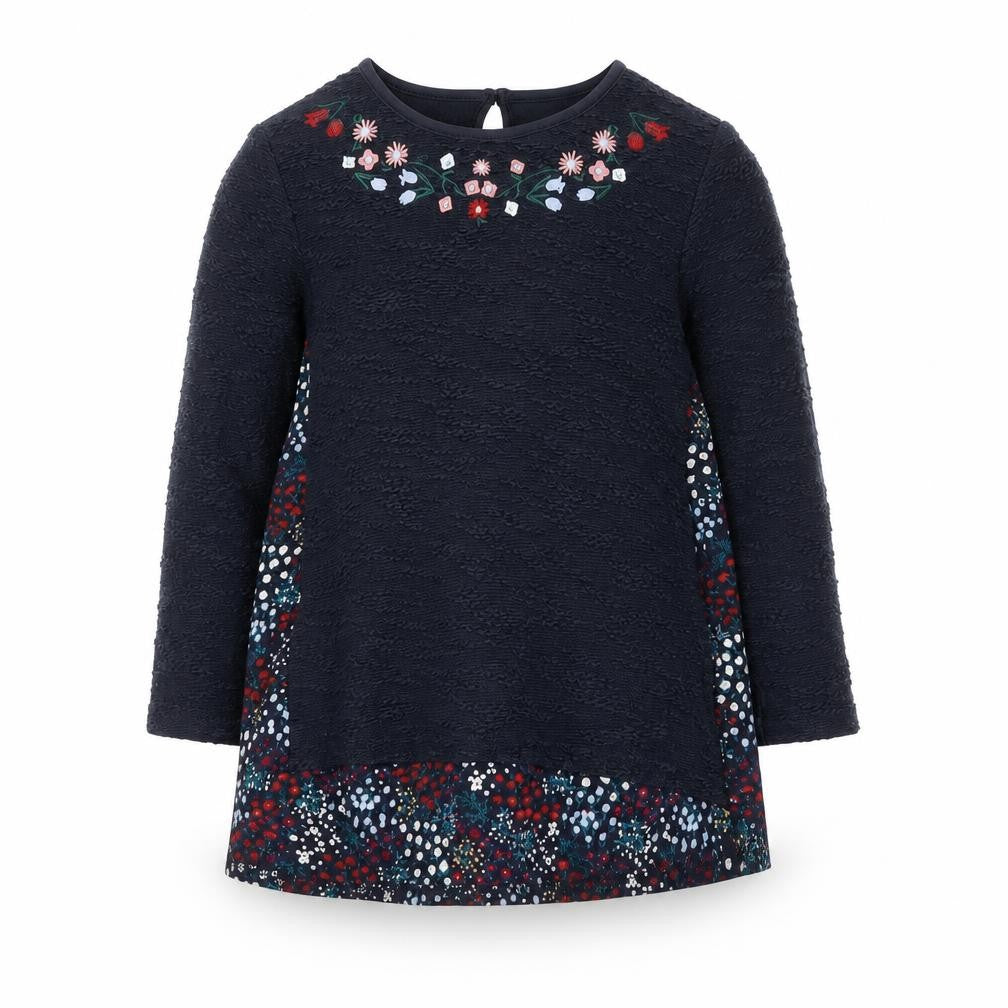 F&F Girls Blue Floral Embroidered Long Sleeve Cotton Shift Dress 5-6 Years