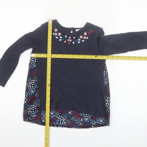 F&F Girls Blue Floral Embroidered Long Sleeve Cotton Shift Dress 5-6 Years