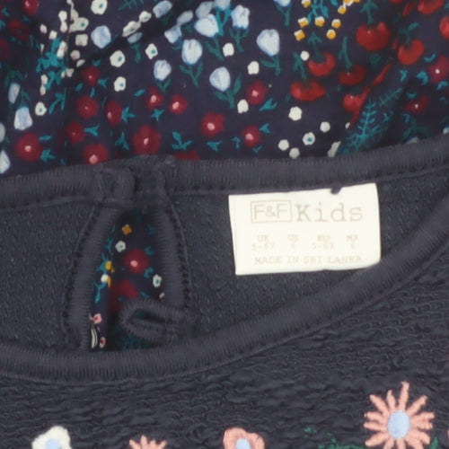 F&F Girls Blue Floral Embroidered Long Sleeve Cotton Shift Dress 5-6 Years