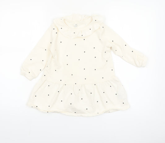 H&M Girls Ivory Polka Dot Long Sleeve A-Line Dress 3-4 Years