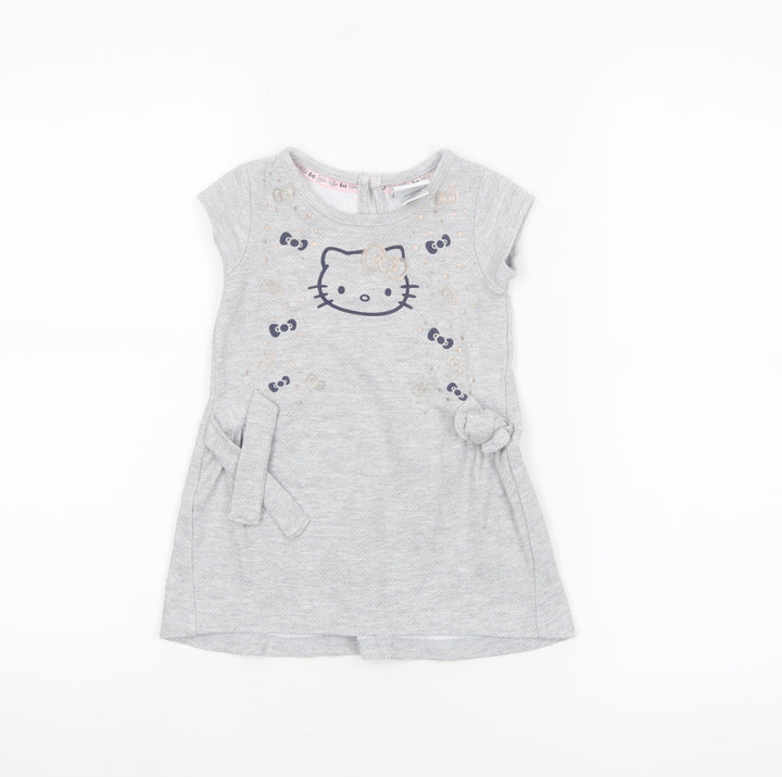Hello Kitty Girls Grey T-Shirt Dress 18-24 Months Cotton Casual Bow Detail