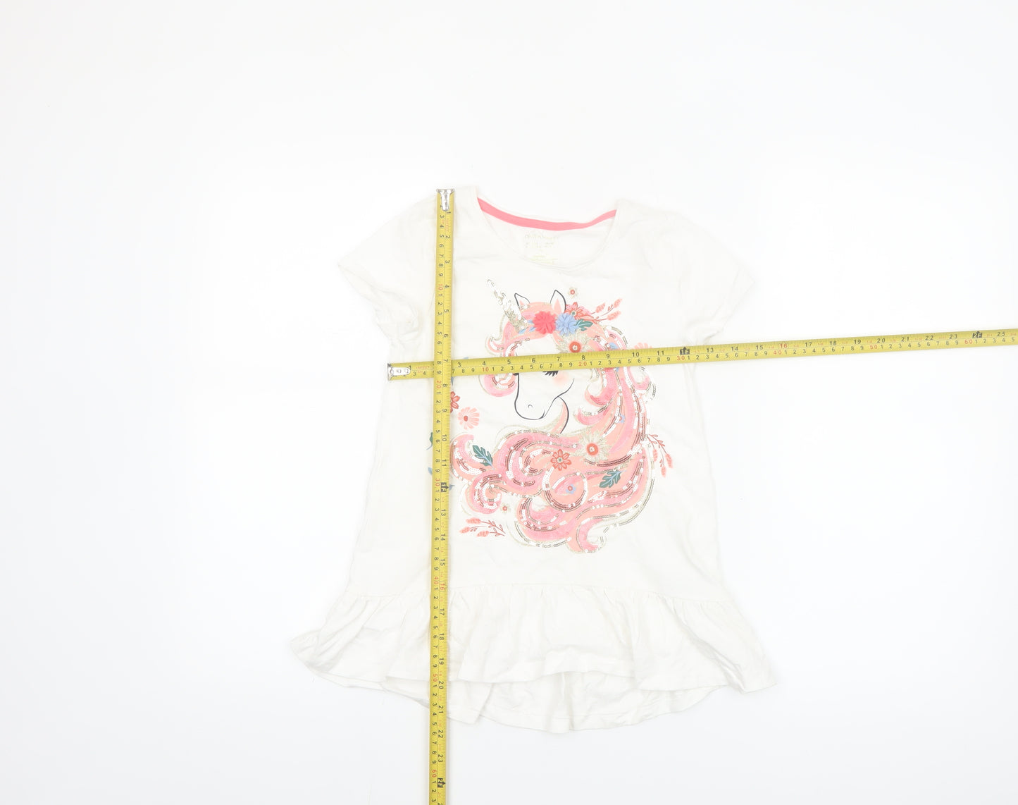 Cynthia Rowley Girls White Unicorn Sequin Ruffle Hem T-Shirt 6 Years