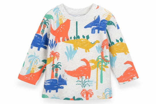 Front view of Marks & Spencer Baby unisex multicoloured dinosaur long sleeve t-shirt 3-6 months