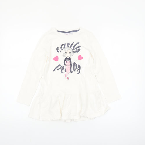 Blukids Girls Ivory Graphic T-Shirt Dress 5-6 Years Long Sleeve Cotton