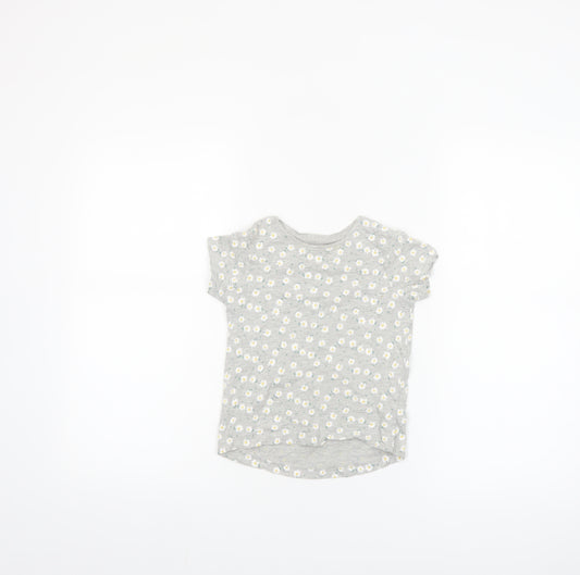 Primark Girls Grey Daisy Print Short Sleeve T-Shirt 3-4 Years Cotton Blend