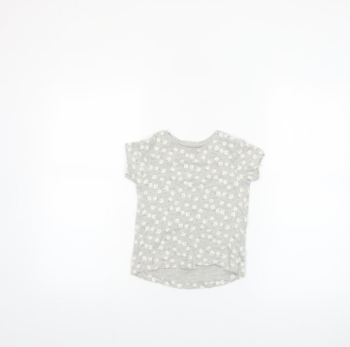 Primark Girls Grey Daisy Print Short Sleeve T-Shirt 3-4 Years Cotton Blend