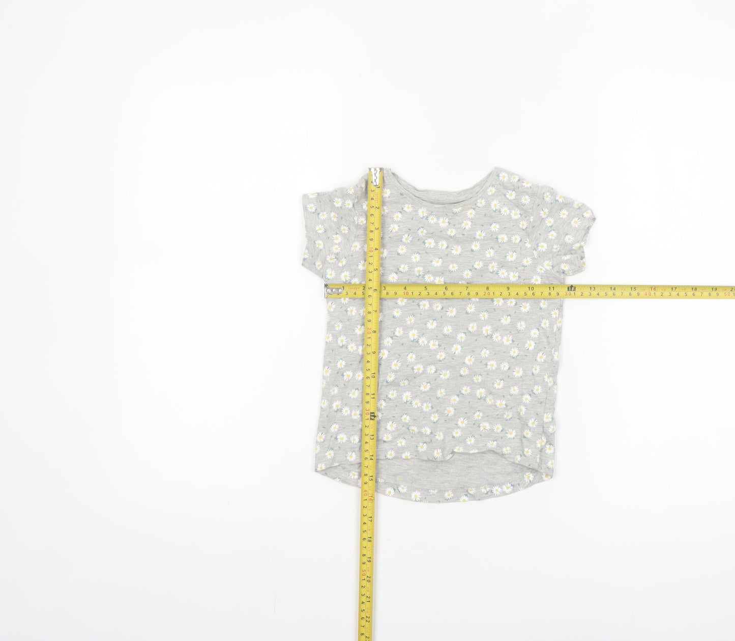 Primark Girls Grey Daisy Print Short Sleeve T-Shirt 3-4 Years Cotton Blend