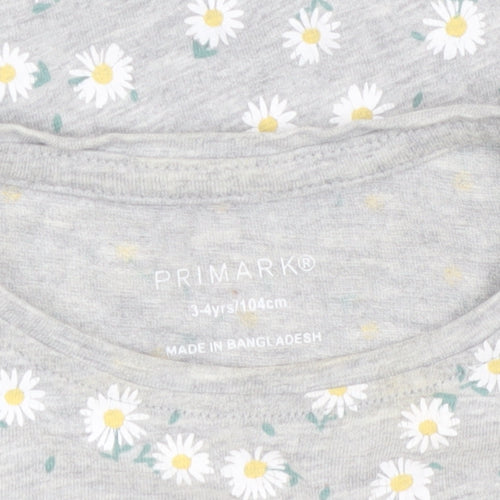 Primark Girls Grey Daisy Print Short Sleeve T-Shirt 3-4 Years Cotton Blend