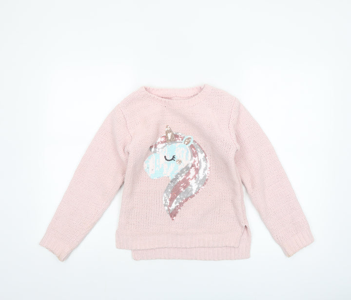 St Bernard for Dunnes Stores Girls Pink Sequin Unicorn Pullover Jumper Age 10