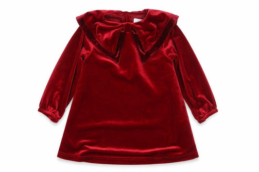 Front view of Leigh Tucker Willow girls’ red velvet bow dress 18-24 months party wear