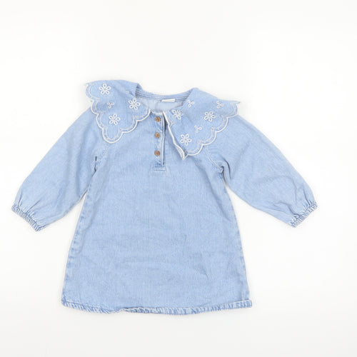 Next Girls Blue Cotton Long Sleeve Embroidered Collar Shirt Dress 18-24 Months