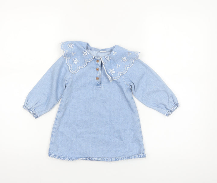 Next Girls Blue Cotton Long Sleeve Embroidered Collar Shirt Dress 18-24 Months