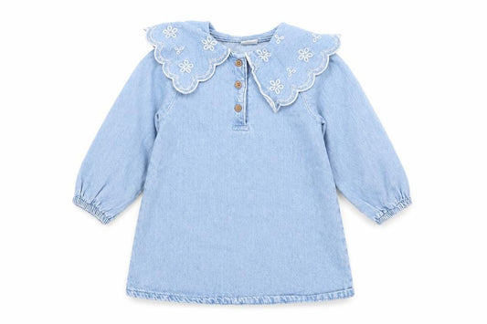 Front view of Next girls’ blue cotton long sleeve embroidered collar shirt dress 18-24 months