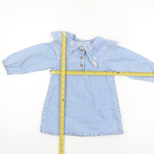 Next Girls Blue Cotton Long Sleeve Embroidered Collar Shirt Dress 18-24 Months