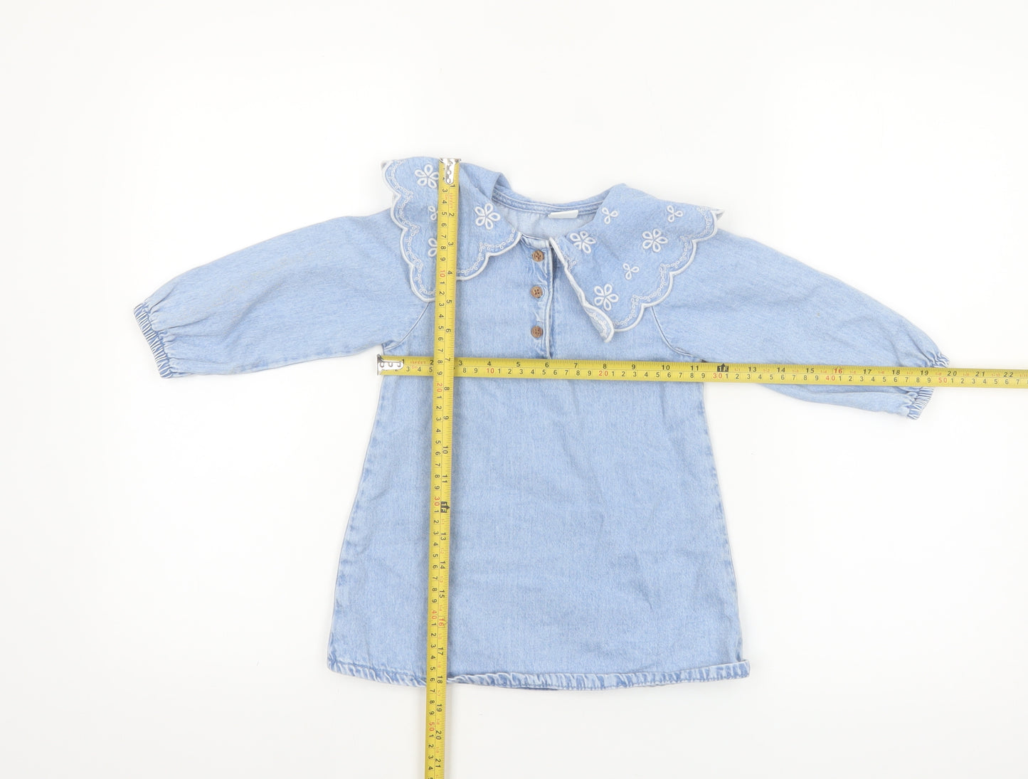 Next Girls Blue Cotton Long Sleeve Embroidered Collar Shirt Dress 18-24 Months