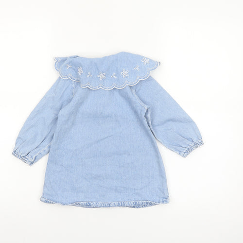 Next Girls Blue Cotton Long Sleeve Embroidered Collar Shirt Dress 18-24 Months