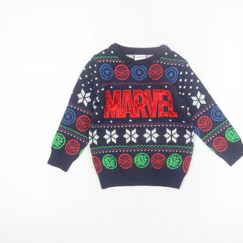 Marvel Boys Blue Fair Isle Pullover Jumper 18–24 Months Long Sleeve Winter