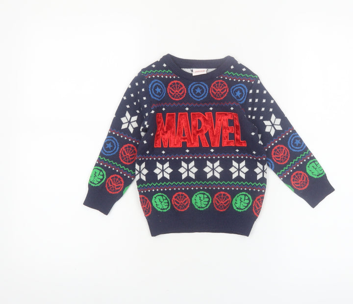 Marvel Boys Blue Fair Isle Pullover Jumper 18–24 Months Long Sleeve Winter