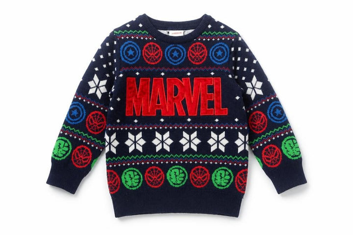 Front view of Marvel boys’ blue fair isle jumper 18–24 months long sleeve winter