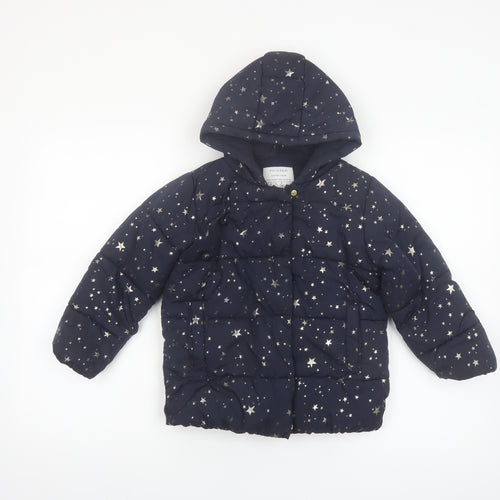 Primark Girls Blue Star Print Hooded Puffer Jacket Coat 5-6 Years