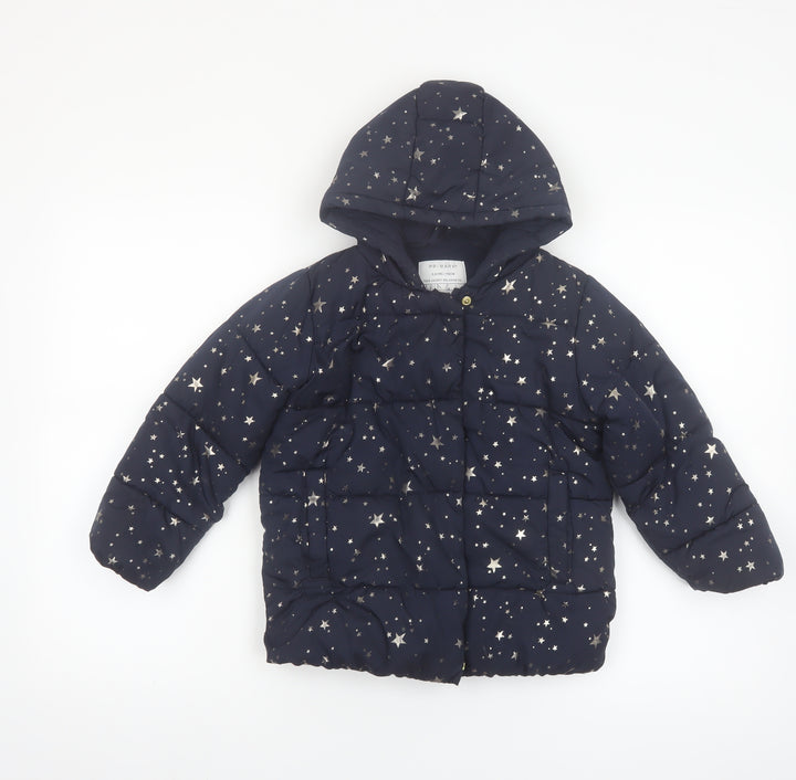 Primark Girls Blue Star Print Hooded Puffer Jacket Coat 5-6 Years