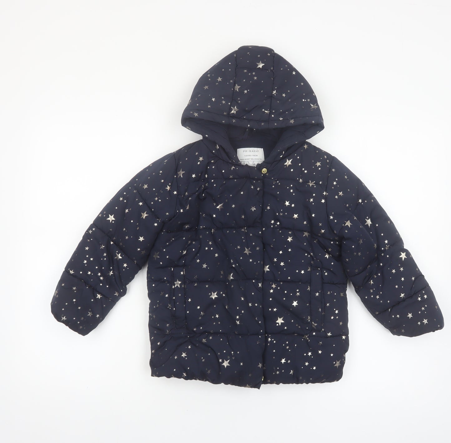 Primark Girls Blue Star Print Hooded Puffer Jacket Coat 5-6 Years