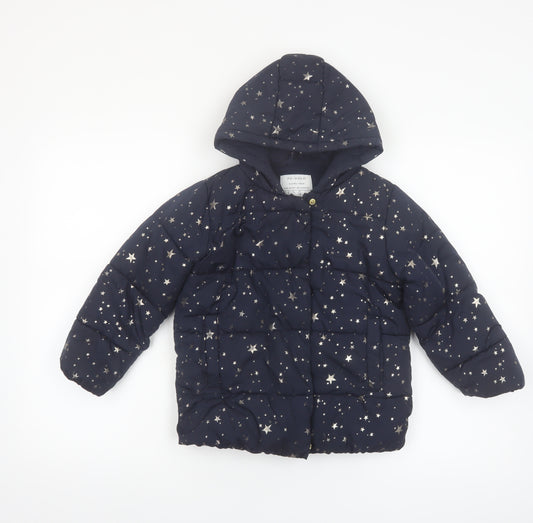 Primark Girls Blue Star Print Hooded Puffer Jacket Coat 5-6 Years