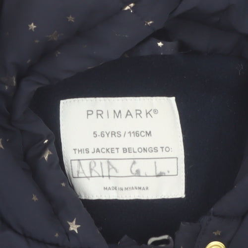 Primark Girls Blue Star Print Hooded Puffer Jacket Coat 5-6 Years