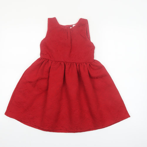 Primark Girls Red Jacquard Bow Party Dress 6-7 Years Sleeveless A-Line