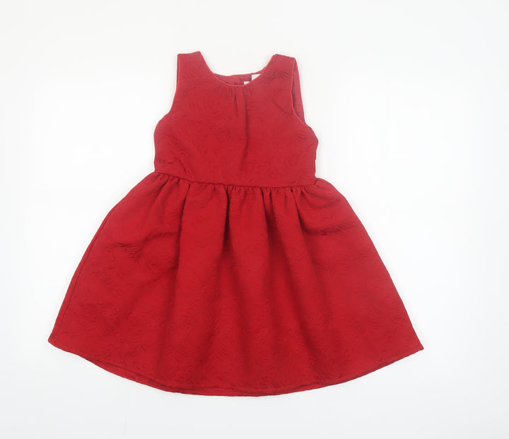 Primark Girls Red Jacquard Bow Party Dress 6-7 Years Sleeveless A-Line