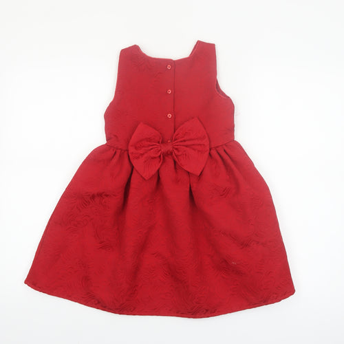 Primark Girls Red Jacquard Bow Party Dress 6-7 Years Sleeveless A-Line