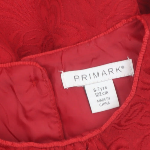 Primark Girls Red Jacquard Bow Party Dress 6-7 Years Sleeveless A-Line