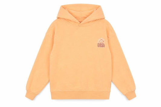 Front view of Dunnes girls’ orange pullover hoodie 8-9 years cool vibes print