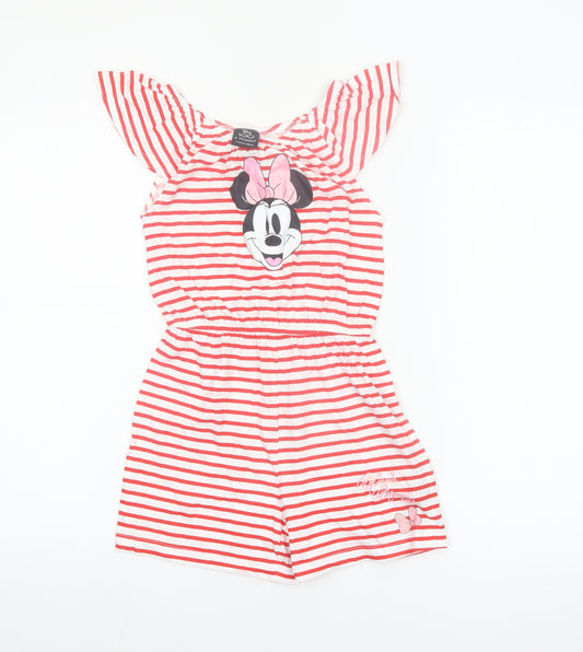 Primark Girls Red Striped Cotton Minnie Mouse Playsuit 7-8 Years