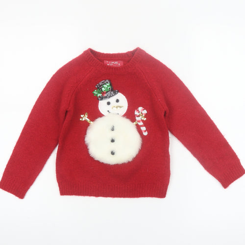 F&F Girls Red Christmas Snowman Jumper 4-5 Years Sequin & Fluffy Design
