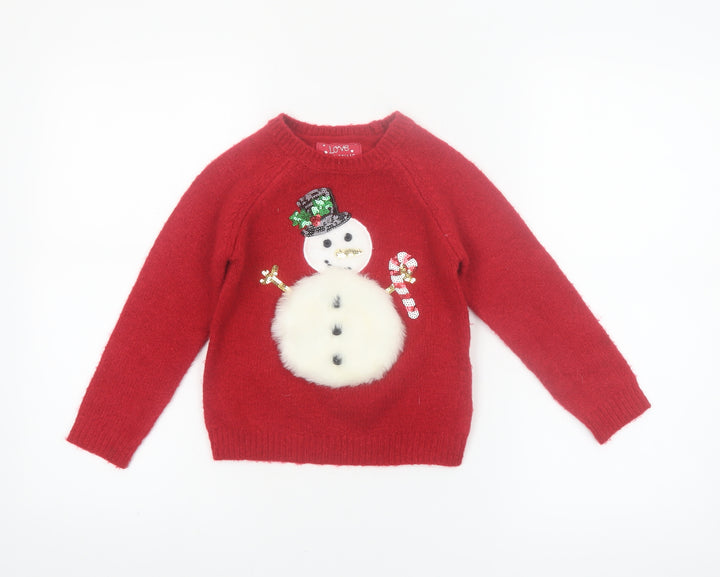 F&F Girls Red Christmas Snowman Jumper 4-5 Years Sequin & Fluffy Design