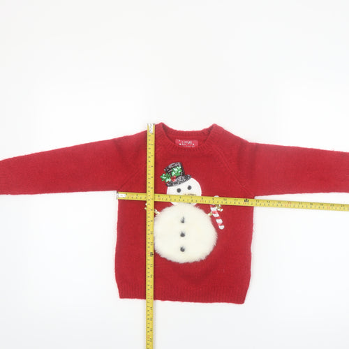 F&F Girls Red Christmas Snowman Jumper 4-5 Years Sequin & Fluffy Design