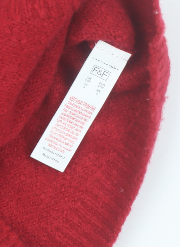 F&F Girls Red Christmas Snowman Jumper 4-5 Years Sequin & Fluffy Design