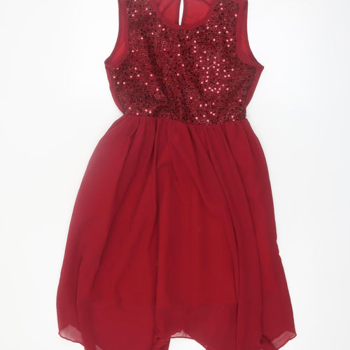 SHEIN Girls Red Sequin Chiffon Party Hi-Low Dress 11 Years