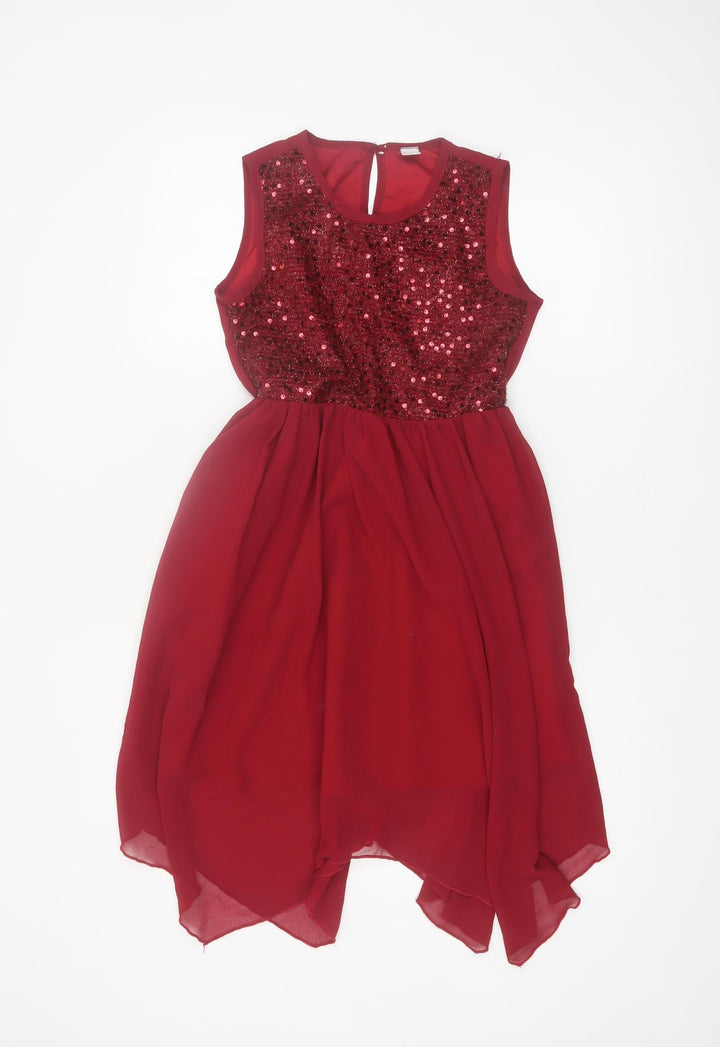 SHEIN Girls Red Sequin Chiffon Party Hi-Low Dress 11 Years