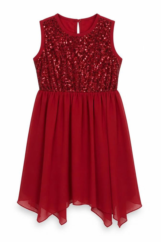 SHEIN Girls Red Sequin Chiffon Party Hi-Low Dress 11 Years