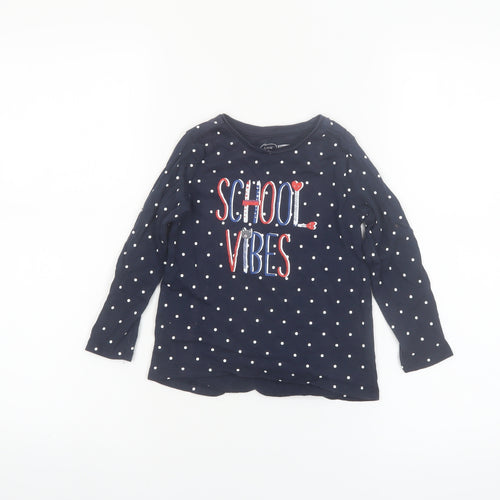 Little Kids Girls Blue Polka Dot Long Sleeve School Vibes Cotton T-Shirt 3-4 Years