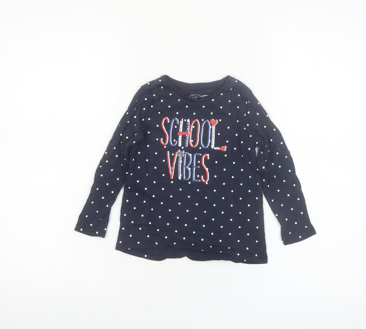 Little Kids Girls Blue Polka Dot Long Sleeve School Vibes Cotton T-Shirt 3-4 Years