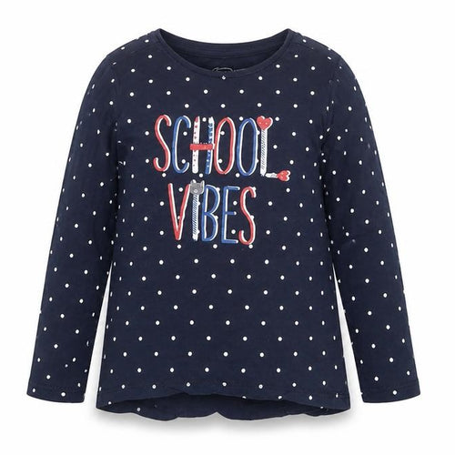 Little Kids Girls Blue Polka Dot Long Sleeve School Vibes Cotton T-Shirt 3-4 Years