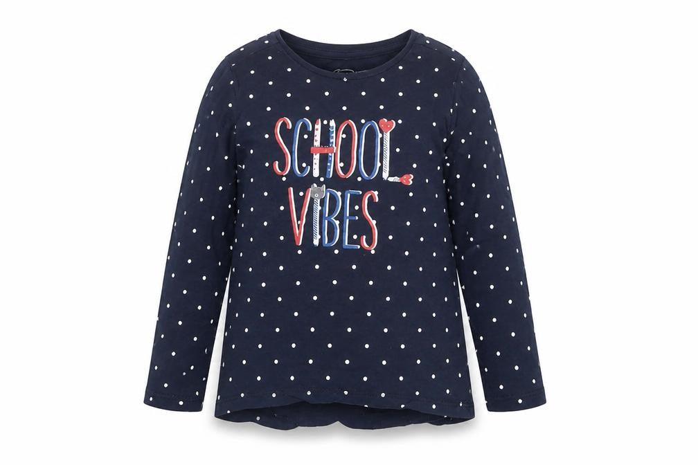 Little Kids Girls Blue Polka Dot Long Sleeve School Vibes Cotton T-Shirt 3-4 Years