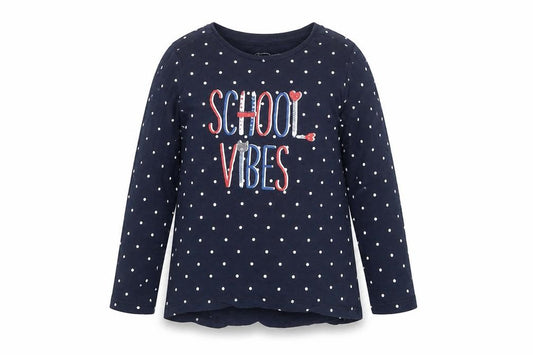 Little Kids Girls Blue Polka Dot Long Sleeve School Vibes Cotton T-Shirt 3-4 Years