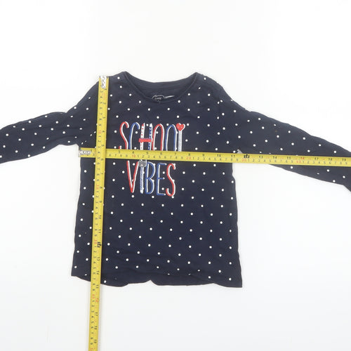Little Kids Girls Blue Polka Dot Long Sleeve School Vibes Cotton T-Shirt 3-4 Years