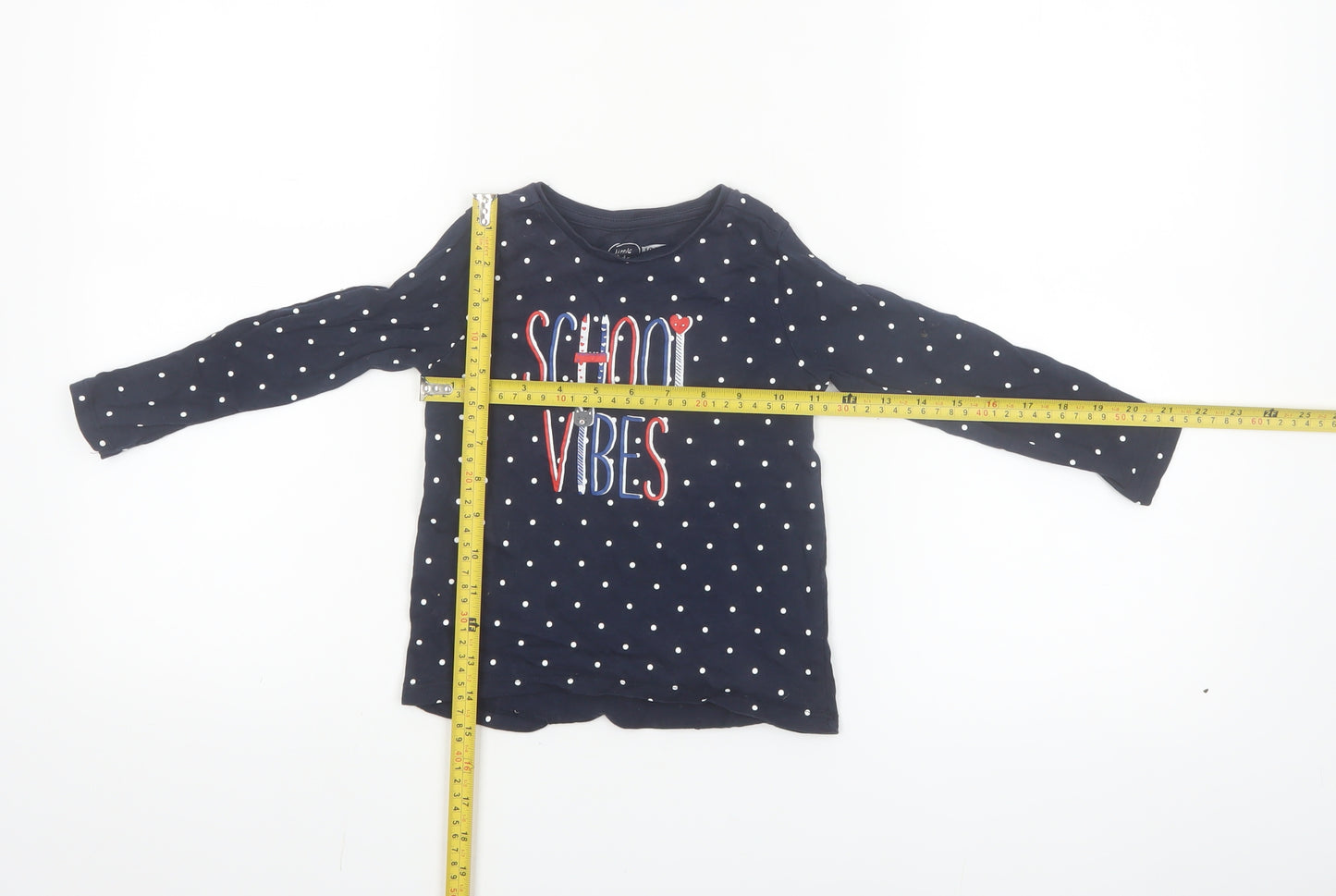 Little Kids Girls Blue Polka Dot Long Sleeve School Vibes Cotton T-Shirt 3-4 Years