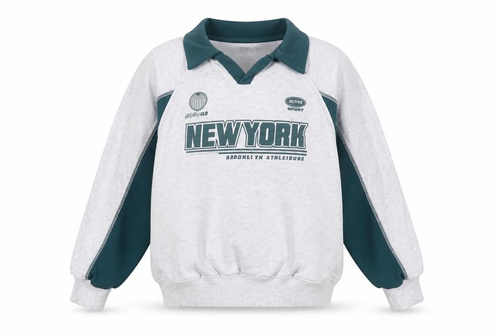 Front view of Primark boys’ grey collared pullover sweatshirt 7-8 years new york print
